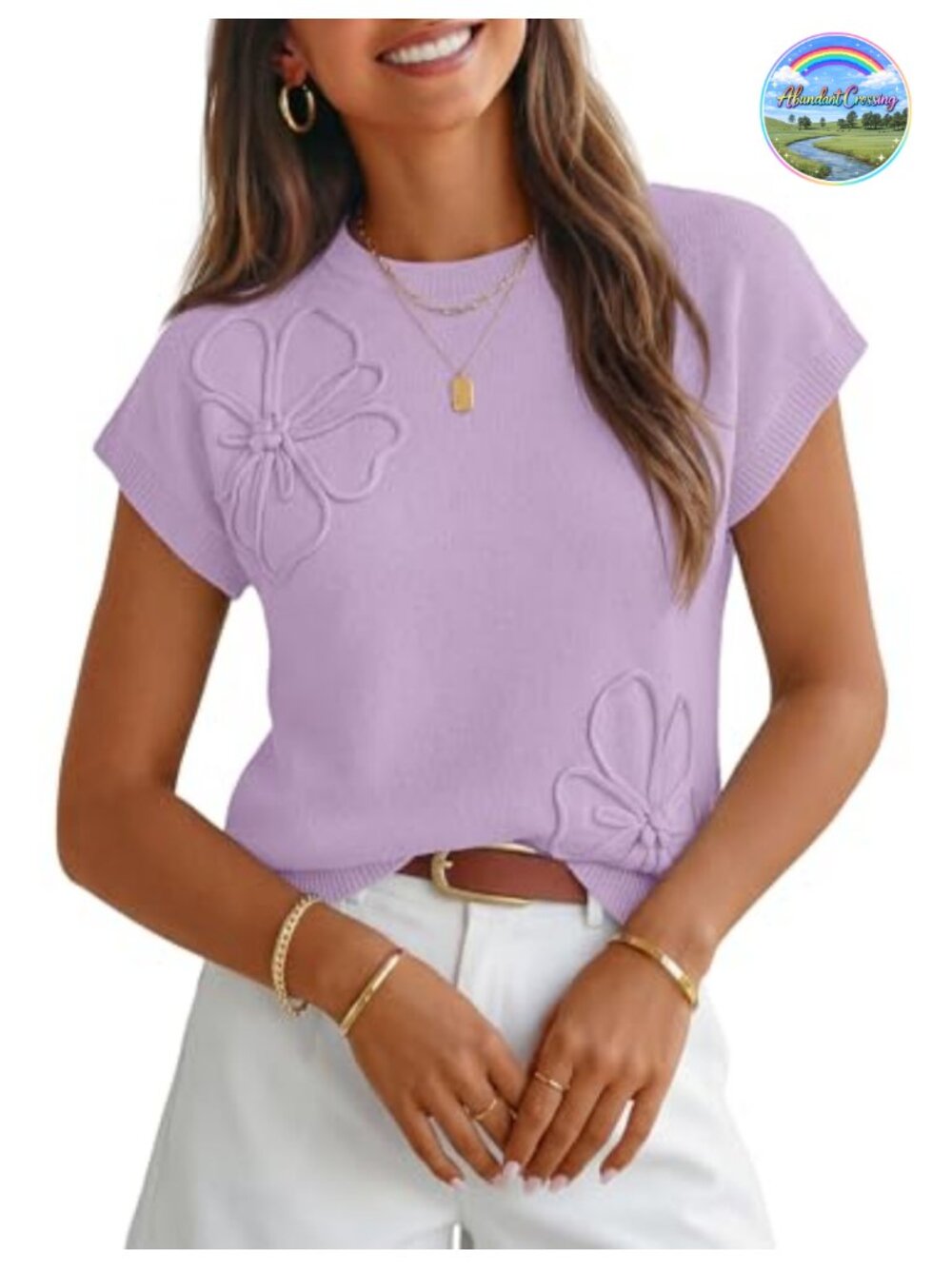 Floral Knit Sweater Vest Cap Sleeve 3D Textured Crew Neck Work Top